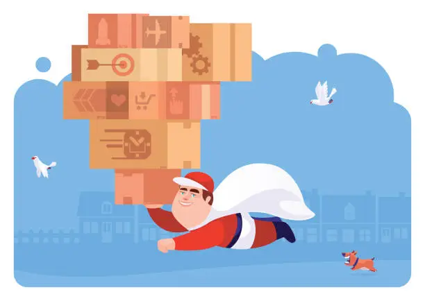 Vector illustration of superhero courier flying and carrying stack of cartons