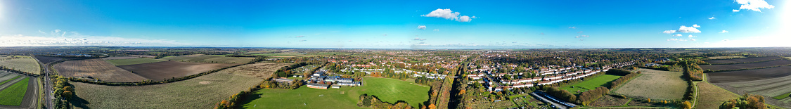 High Angle Panoramic View of Countryside Landscape and Agricultural Farms of Letchworth Garden City of England UK. The Footage Captured with Drone's Camera on November 11th, 2023