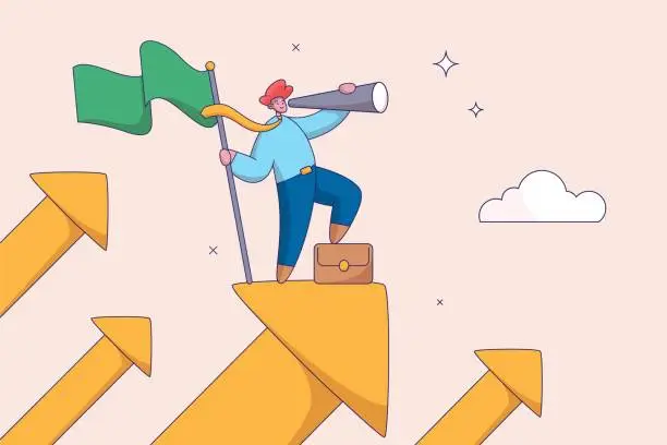 Vector illustration of Improvement concept. Company success moving forward, challenge or growth to progress, ambition or motivation. confidence businessman standing on growing arrows pointing up in the sky next target.