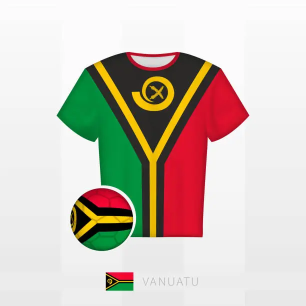 Vector illustration of Football uniform of national team of Vanuatu with football ball with flag of Vanuatu. Soccer jersey and soccerball with flag.