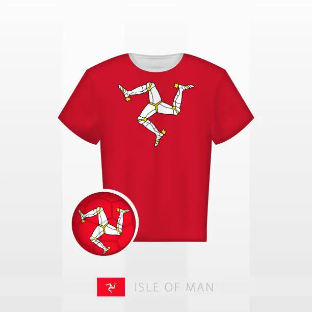 Vector illustration of Football uniform of national team of Isle of Man with football ball with flag of Isle of Man. Soccer jersey and soccerball with flag.