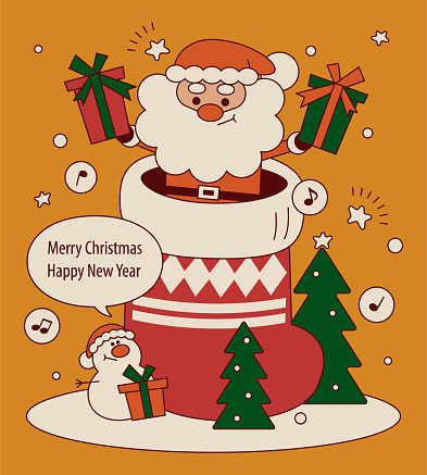 Cute Christmas Characters Vector Art Illustration.
Cute Santa Claus popping out of a big Christmas stocking to give Christmas presents and wish you a Merry Christmas and a Happy New Year with a Snowman.