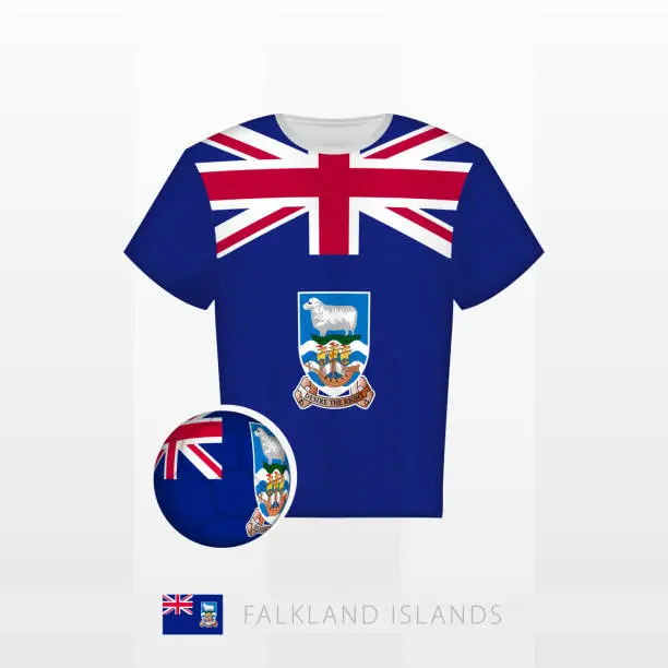 Vector illustration of Football uniform of national team of Falkland Islands with football ball with flag of Falkland Islands. Soccer jersey and soccerball with flag.