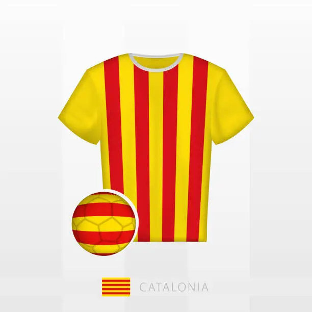 Vector illustration of Football uniform of national team of Catalonia with football ball with flag of Catalonia. Soccer jersey and soccerball with flag.