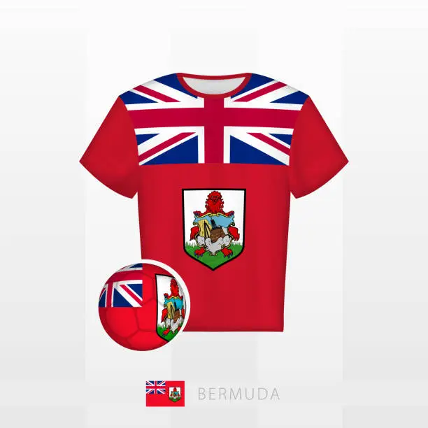 Vector illustration of Football uniform of national team of Bermuda with football ball with flag of Bermuda. Soccer jersey and soccerball with flag.
