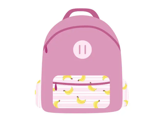 Vector illustration of Pink backpack with Banana print on pocket. Cartoon Vector Flat style isolated illustration. School Bag for Books. Study concept. Design element for Banner, Poster, Flyer. Travel rucksack for girls.