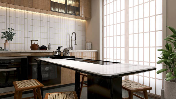 istock Modern tea table, white marble top in kitchen and dining room in sunlight from shoji window 1796333729