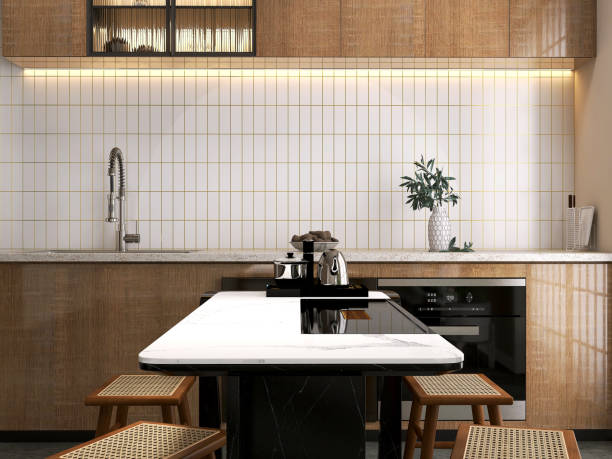 istock Modern tea table, white marble top in kitchen and dining room in sunlight from shoji window 1796333736