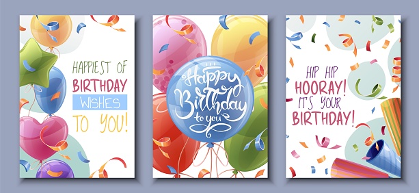 Set birthday greeting card design. Banner, flyer template with colorful balloons, confetti and serpentine. Happy birthday Invitation design for holiday, anniversary, party.