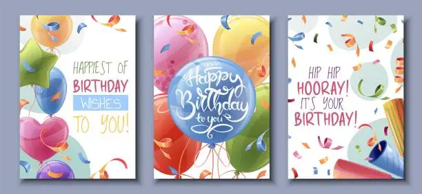 Vector illustration of Set birthday greeting card design. Banner, flyer template with colorful balloons, confetti and serpentine. Happy birthday Invitation design for holiday, anniversary, party