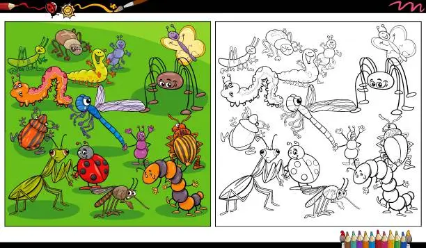 Vector illustration of funny cartoon insects animals coloring page