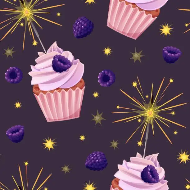Vector illustration of Seamless pattern with cupcake decorated with cream, blackberries and sparklers. Birthday muffin background. Festive texture for wrapping paper, cards, fabric, wallpaper.