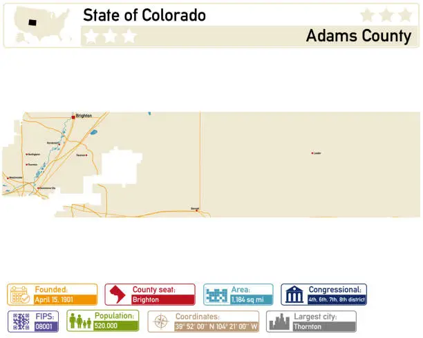 Vector illustration of Detailed infographic and map of Adams County in Colorado USA.