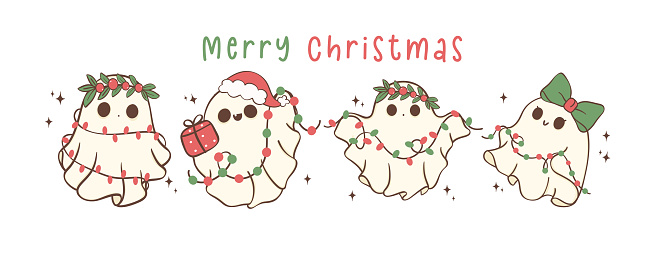 Group of Cute and Kawaii Christmas Ghosts with lights. Festive greeting card banner, Holiday Cartoon Hand Drawing with adorable pose.