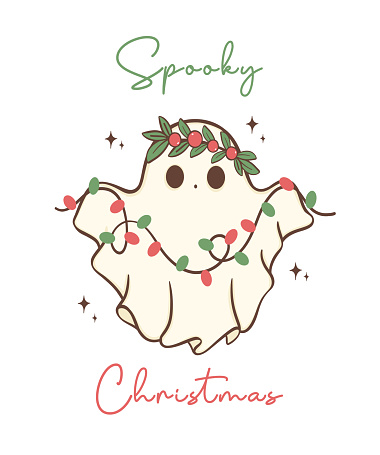 Cute and Kawaii Christmas Ghost. Festive Holiday Cartoon Hand Drawing with adorable pose.