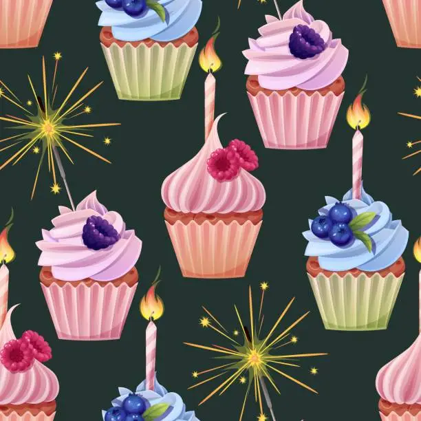 Vector illustration of Seamless pattern with cupcake decorated with cream, blackberries, blueberries, raspberries, candle and sparkler. Birthday muffin background. Festive texture for wrapping paper, cards, fabric