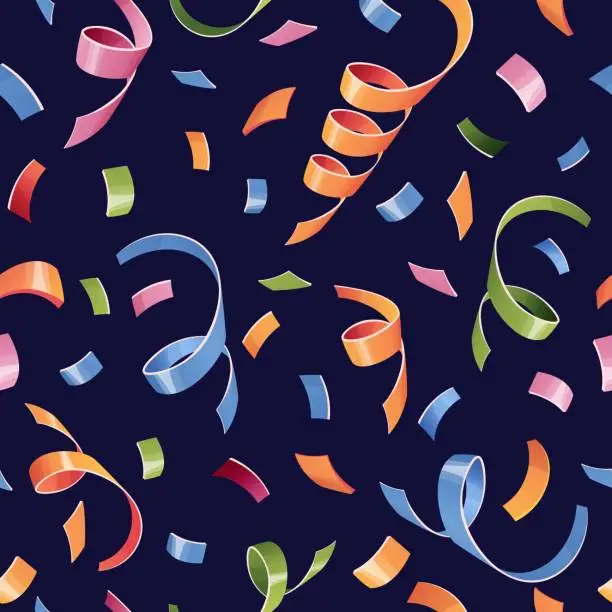 Vector illustration of Seamless pattern with firecrackers, fireworks, confetti, serpentine. Background with festive items for birthday. Festive texture for wrapping paper, cards, fabric, wallpaper.