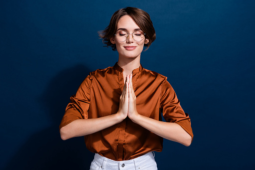 Photo portrait of lovely young lady show pray gesture meditate wear trendy brown blouse isolated on dark blue color background.