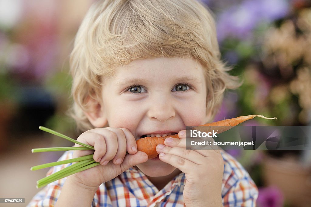 Healthy eating Three years old boy eating fresh carrot. Eating Stock Photo