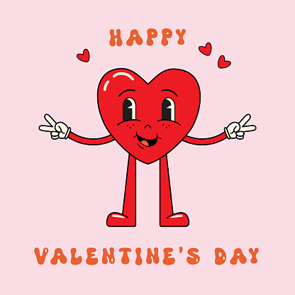 Groovy cartoon lovely heart. happy Valentines Day. For poster, card, print, social media, post. trendy retro style