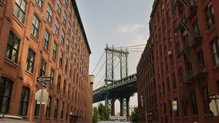 Famous view between DUMBO buildings of Manhattan Bridge