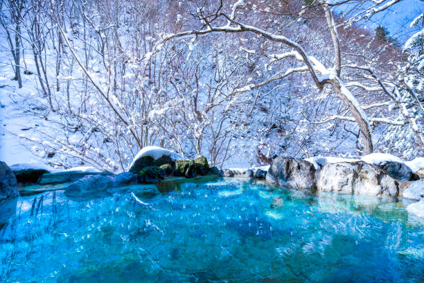 japanische heiße quellen onsen naturbad der berghintergrund ist mit viel schnee bedeckt. in winter in japan - spring waterfall japan landscape stock-fotos und bilder