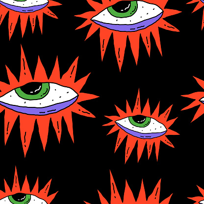 seamless pattern-mystical astral eyes.Halloween spooky print.Tarot and astrology.The all-seeing eye of the zombie eye.Psychedelic 1970s groove and funky.Magical spiritual ornament.Hippie trippy style