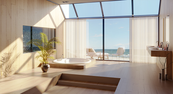 A peaceful bathroom in beach house at seashore. (3d render)