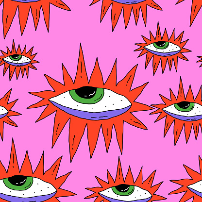 seamless pattern-mystical astral eyes.Halloween spooky print.Tarot and astrology.The all-seeing eye of the zombie eye.Psychedelic 1970s groove and funky.Magical spiritual ornament.Hippie trippy style