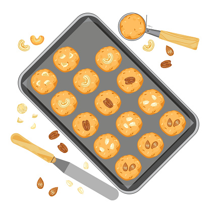 Vector illustration Cereal cookies baked in a tray Collection of sweets isolated on a white background.