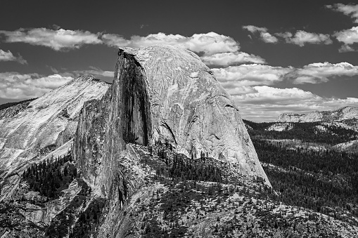 A black and white aerial view of Yosemite Half Dome