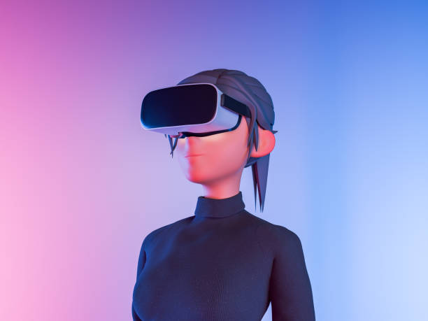 istock Cartoon Woman Experiencing Virtual Reality with Neon Background 1796400281