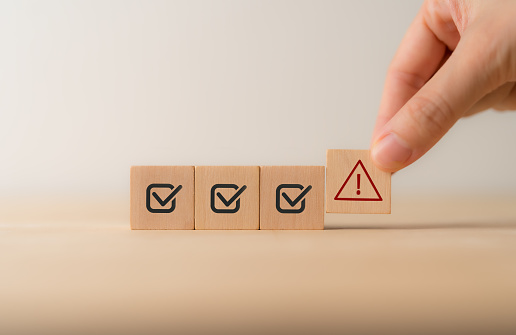 Warning Signs Problem Problem And Error Warning Concept Wooden Cubes With Triangle Caution ...