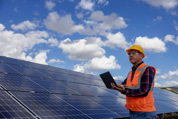 istock Male engineer working with a laptop on a field with solar panels 1796408283