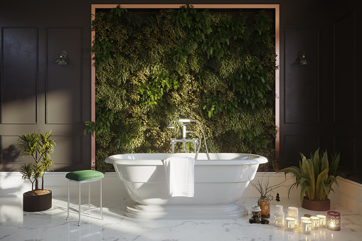 A peaceful bathroom with vertical garden in sunlight. (3d render)