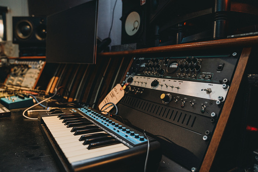 Recording equipment in a professional recording studio. Professional recording equipment.