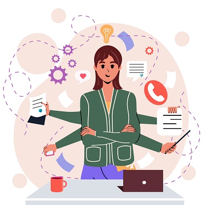 Girl in flat style. Many hands. Time management. White background.Notes, negotiations, business.Internet.Trendy person. Character. Businesswoman. Isolated. Multitasking. Importance.