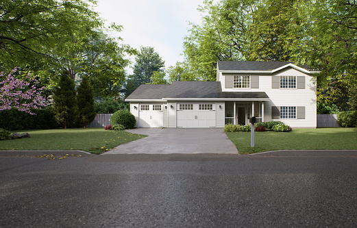 Traditional American home with two garages, a driveway and a large tree. A two-story house with a mowed lawn. 3d render
