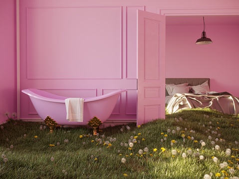 A surreal scene includes a retro pink colored bathtub and a bed at home covered grass. (3d render)