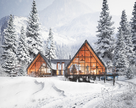 Digitally generated modern chalet in winter landscape with Christmas decoration inside.\n\nThe scene was created in Autodesk® 3ds Max 2024 with V-Ray 6 and rendered with photorealistic shaders and lighting in Chaos® Vantage with some post-production added.