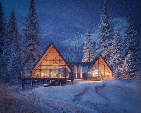 Digitally generated modern chalet in winter landscape with Christmas decoration inside.

The scene was created in Autodesk® 3ds Max 2024 with V-Ray 6 and rendered with photorealistic shaders and lighting in Chaos® Vantage with some post-production added.