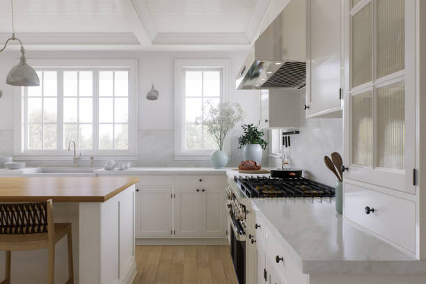 istock White U-shaped kitchen with windows, kitchen appliances and utensils. Stylish, bright kitchen in a traditional style. 3D rendering 1796437599