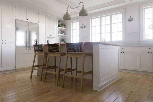 istock White U-shaped kitchen with windows, kitchen appliances and utensils. Stylish, bright kitchen in a traditional style. 3D rendering 1796437601
