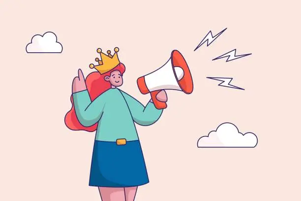 Vector illustration of Bossy management concept. Big boss or company president. Leadership or manager, CEO or chief executive officer, employer. Businesswoman boss shouting on megaphone while pointing direction. Flat vector