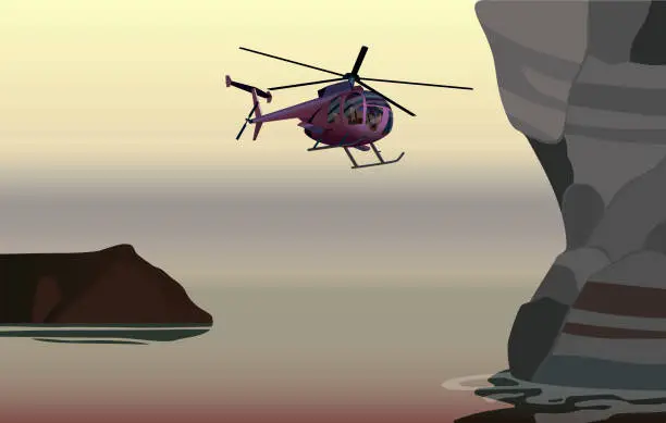 Vector illustration of A helicopter flying over the sea bay. Vector.