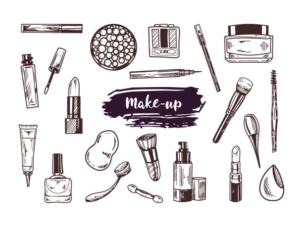 ilustraciones, imágenes clip art, dibujos animados e iconos de stock de un conjunto de bocetos de garabatos dibujados a mano de cosméticos, belleza y elementos de cuidado personal.  ilustración para salón de belleza, tienda de cosméticos, diseño de maquillaje. imagen grabada. - eyeliner single line human eye sketching