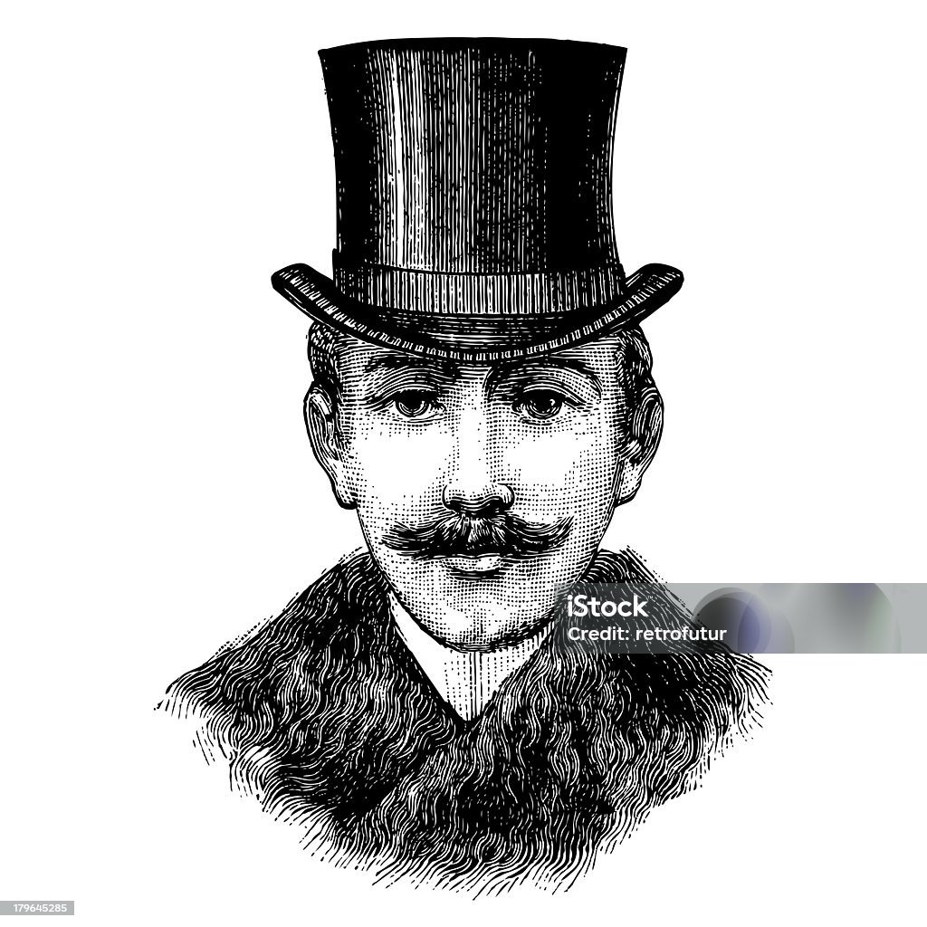 Gentleman with top hat illustration of men's fashion. Engraved Image Stock Photo