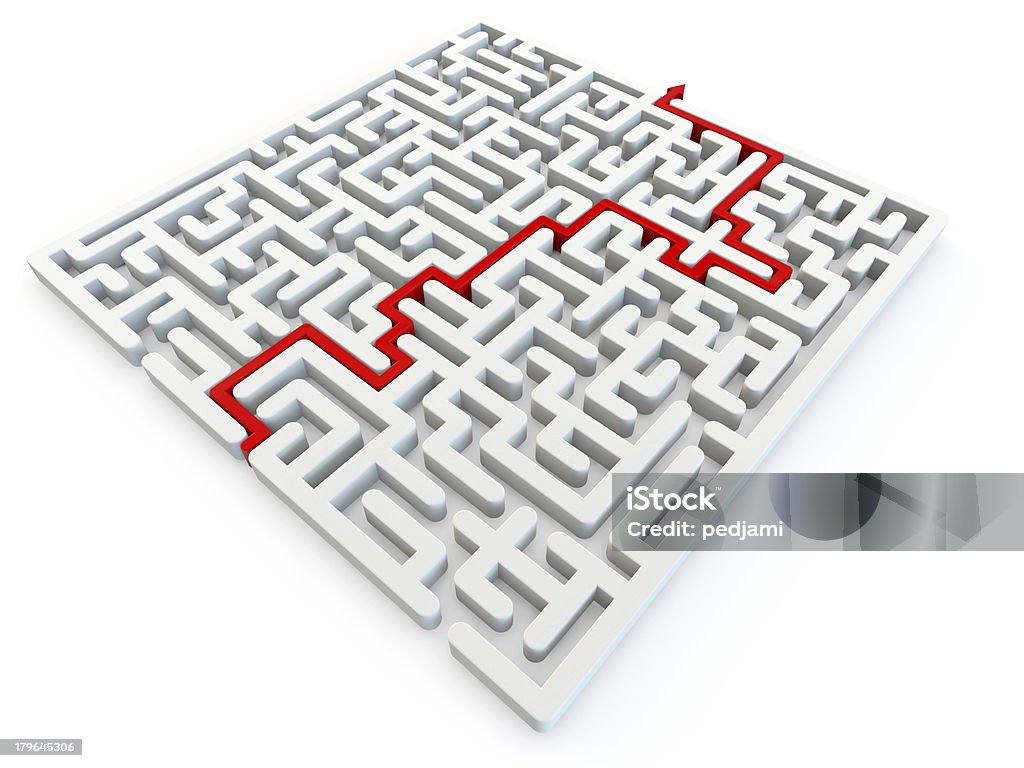 Solved maze puzzle Solved maze with red arrow, 3d render Abstract Stock Photo