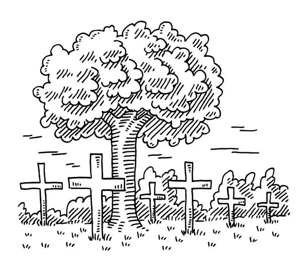 Vector illustration of Graveyard Religious Crosses Under A Tree Drawing