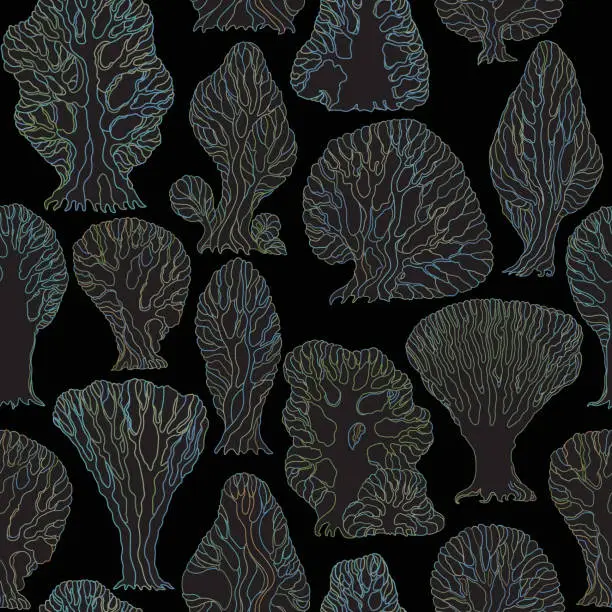 Vector illustration of Vector floral seamless pattern. Hand drawn fantasy colored contour old trees on a black background